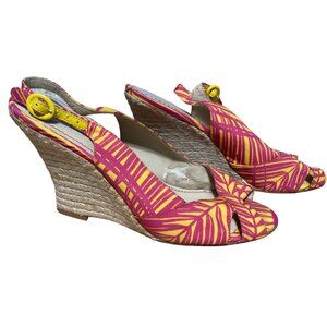 Nine West Wedge 8M Jute Heel Slingback Pink Yellow Open Toe
